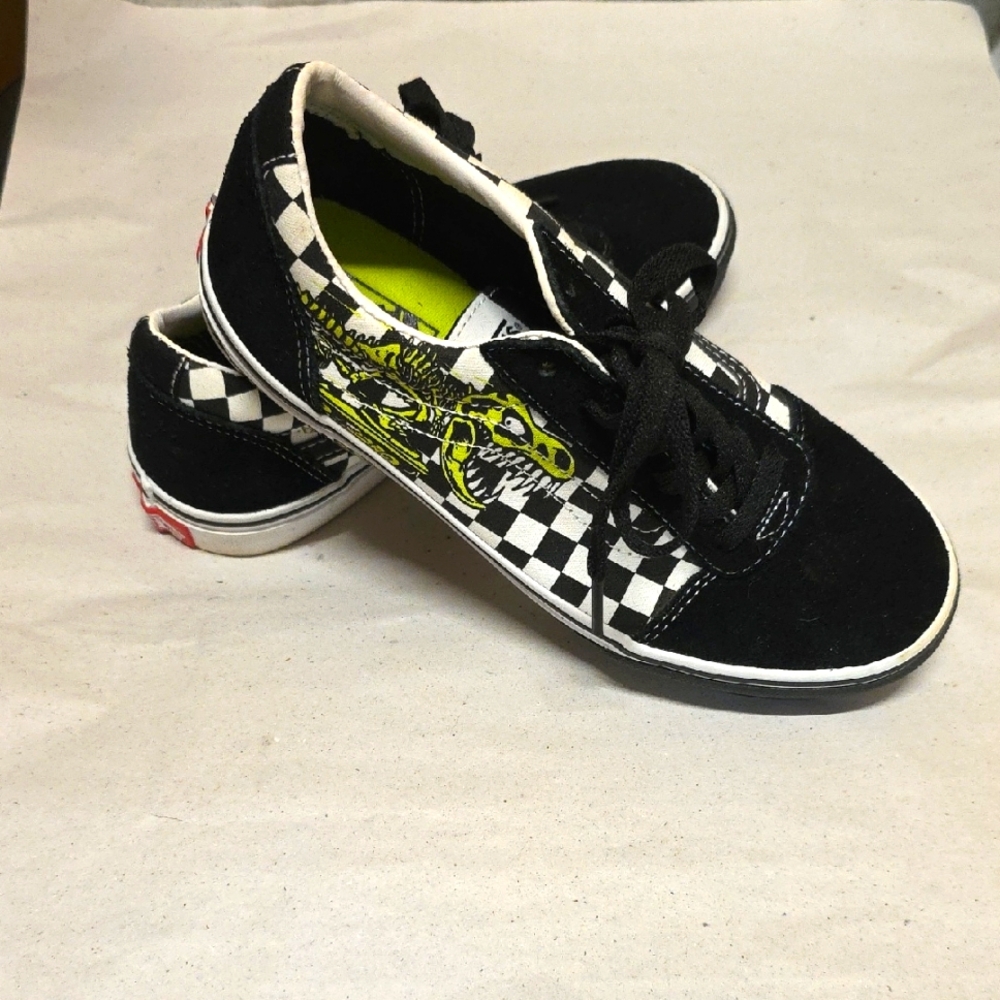 Vans Ward Dino Checkerboard T Rex Old Skool Low Skate Shoes Sneakers Size 5y